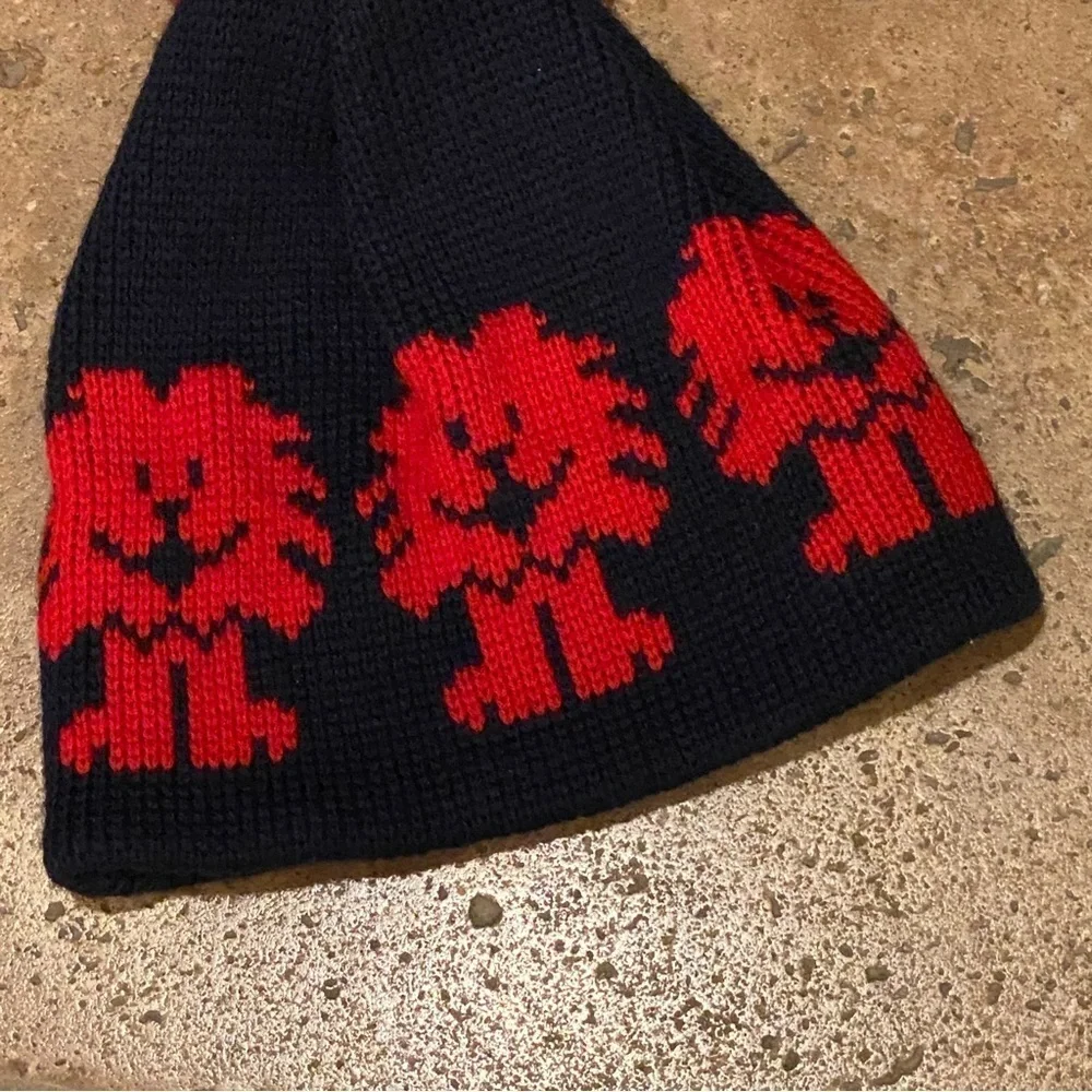 Vintage SMILEY Kids Navy Red 100% Wool Lion Pom Pom Knit Beanie One Size-Unisex